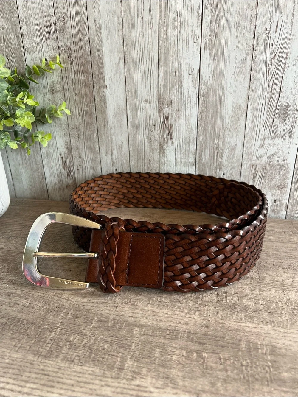 Michael Kors Woven Leather Belt in Rich Brown with Silver Buckle Small